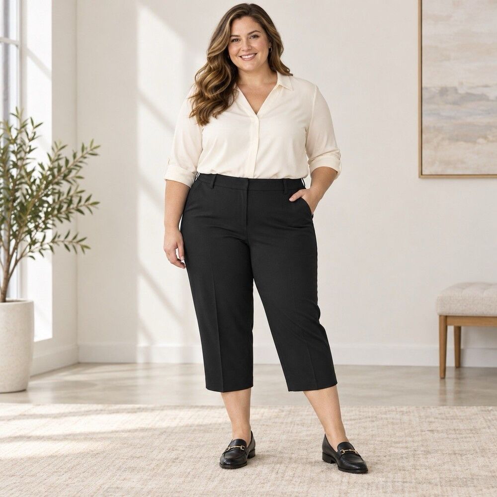 Kim Rogers Women’s 20W Black Stretch Dress Capri Cropped Pants Plus Size Pockets